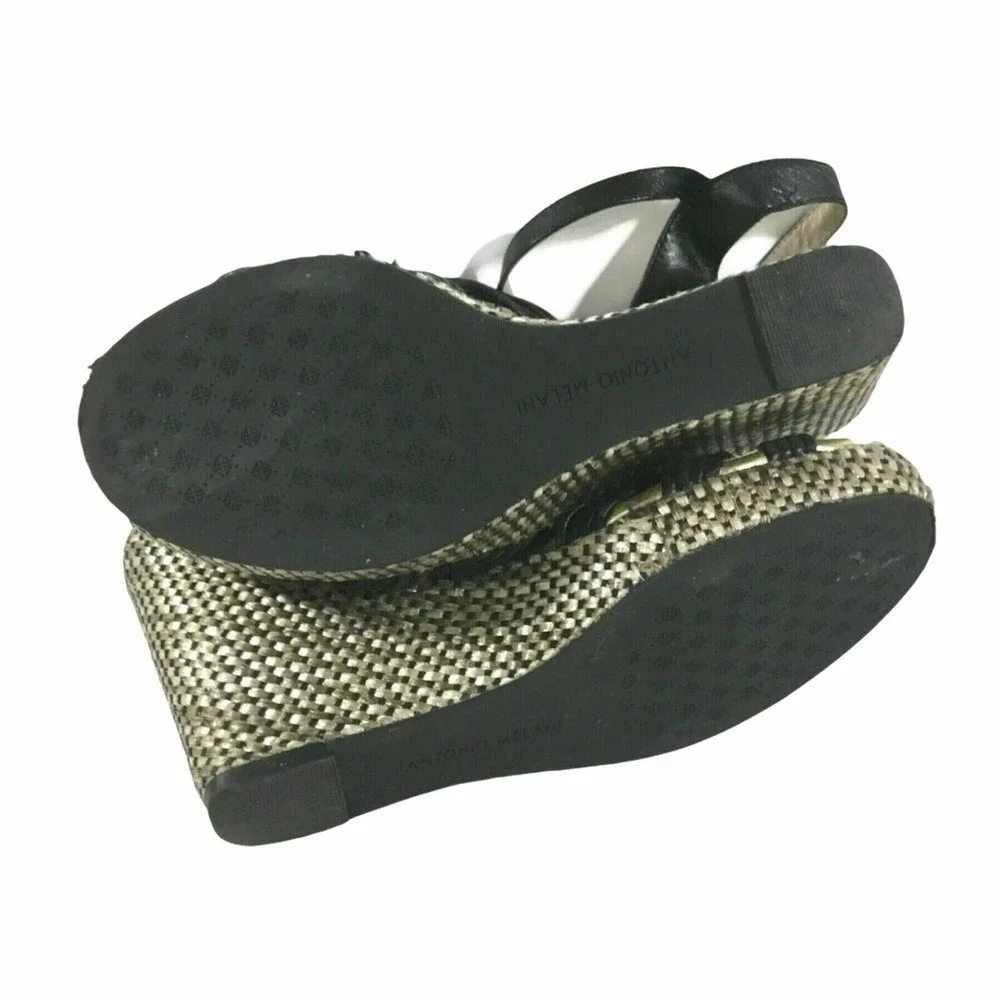 ANTONIO MELANI Heels Women's 6M Black Leather Slingbacks Platform Wedge Heels